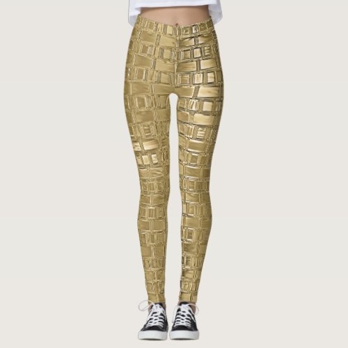 Gold Faux Metallic Shimmer Brick Textured Leggings