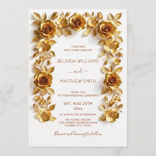 Gold Faux Relief Roses Frame Wedding Minimalist Invitation