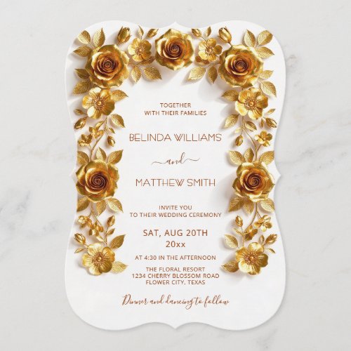 Gold Faux Relief Roses Frame Wedding Minimalist Invitation