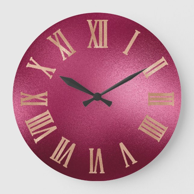 Gold Faux Rose Burgundy Metallic Roman Numers Large Clock (Front)