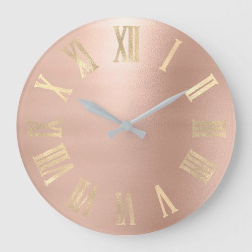 Gold Faux Rose Gold Minimal Metallic Roman Numers Large Clock