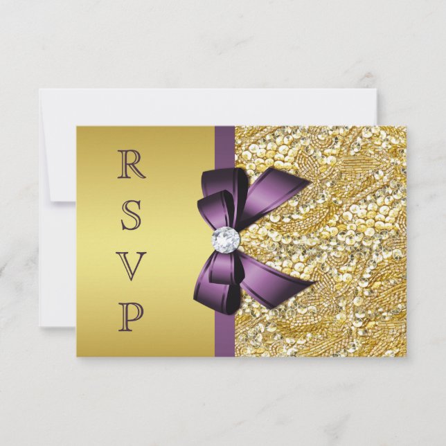 Gold Faux Sequin Diamonds Purple Bow RSVP (Front)