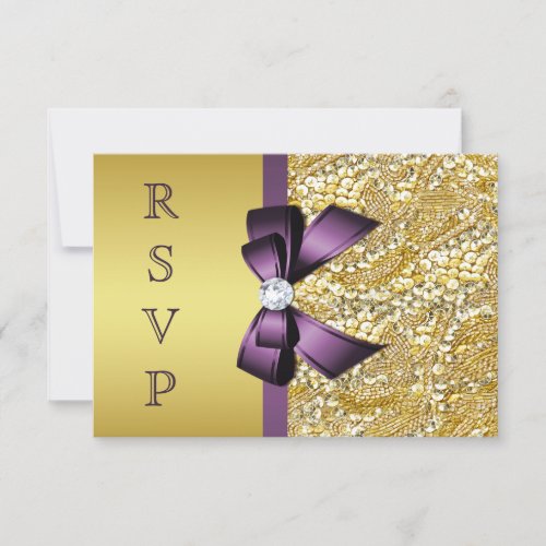 Gold Faux Sequin Diamonds Purple Bow RSVP