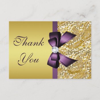 Gold Faux Sequins Diamonds Purple Bow Thank You by GroovyGraphics at Zazzle