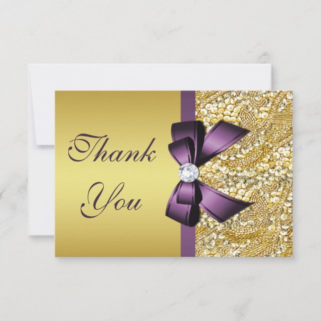 Gold Faux Sequins Diamonds Purple Bow Thank You Card (Front)
