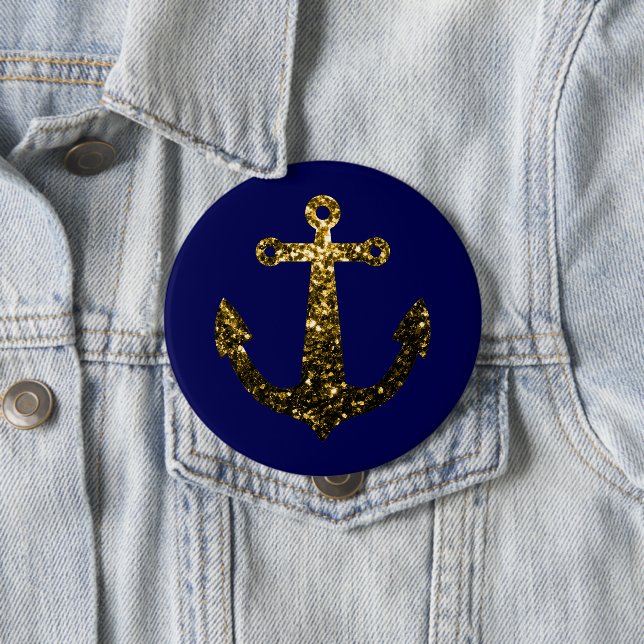 Gold faux sparkle glitter Anchor navy blue Button (In Situ)