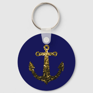 Gold faux sparkle glitter Anchor navy blue Keychain