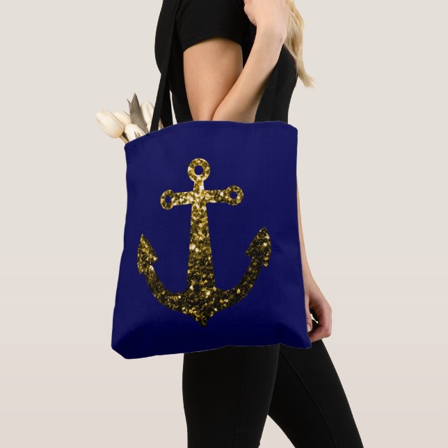 Gold faux sparkle glitter Anchor navy blue Tote Bag (Close Up)