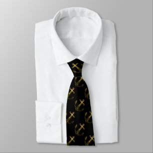 Gold faux sparkle glitter Anchor pattern black Neck Tie
