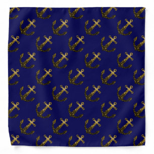Gold faux sparkle glitter Anchor pattern navy blue Bandana