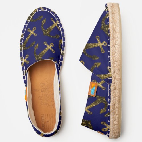 Gold faux sparkle glitter Anchor pattern navy blue Espadrilles