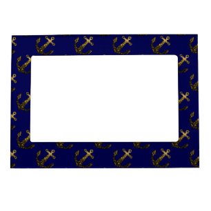 Gold faux sparkle glitter Anchor pattern navy blue Magnetic Photo Frame