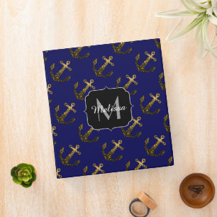 Gold faux sparkles Anchor pattern navy Monogram 3 Ring Binder