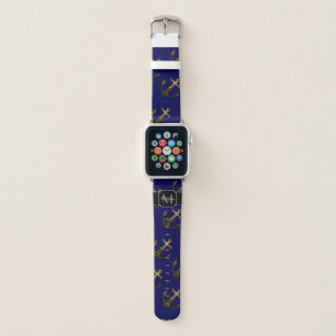 Gold faux sparkles Anchor pattern navy Monogram Apple Watch Band