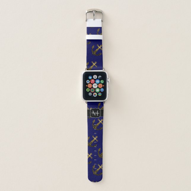 Gold faux sparkles Anchor pattern navy Monogram Apple Watch Band (Front)