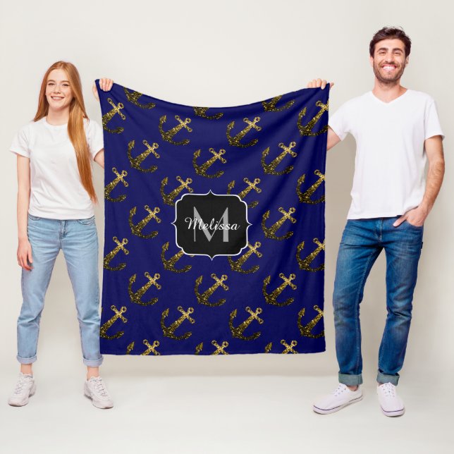Gold faux sparkles Anchor pattern navy Monogram Fleece Blanket (In Situ)