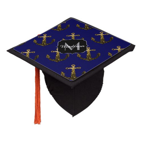 Gold faux sparkles Anchor pattern navy Monogram Graduation Cap Topper