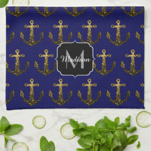 Gold faux sparkles Anchor pattern navy Monogram Kitchen Towel