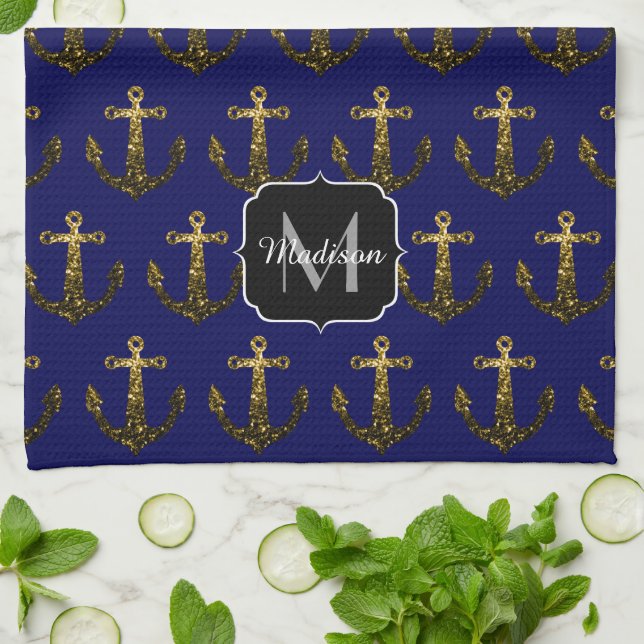 Gold faux sparkles Anchor pattern navy Monogram Kitchen Towel (Folded)