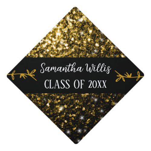 Gold faux sparkles Custom name Class Graduation Cap Topper