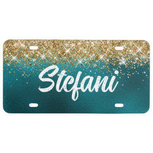 Gold Faux Sparkly Glitter Foil Teal Personalized License Plate