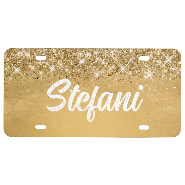 Gold Faux Sparkly Glitter Gold Foil Personalized License Plate (Front)