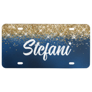 Gold Faux Sparkly Glitter Royal Blue Personalized License Plate