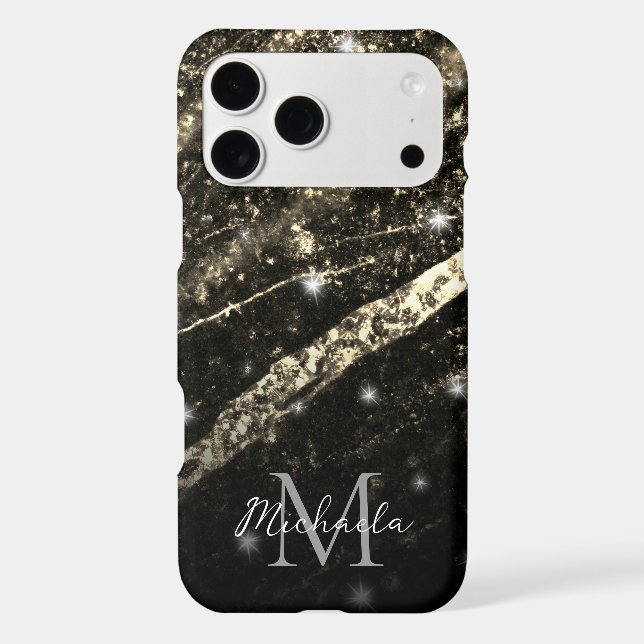 Gold faux sparkly line black abstract Monogram iPhone Case (Back)