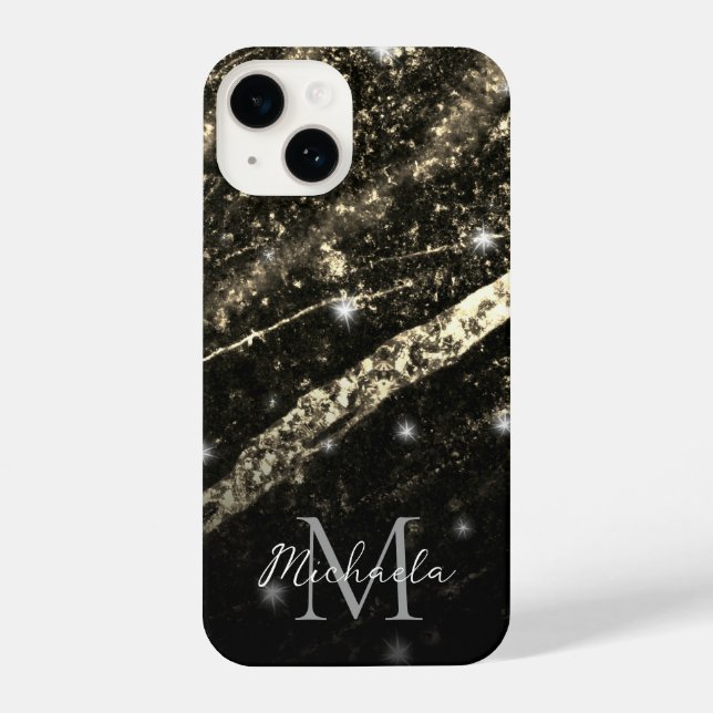 Gold faux sparkly line black abstract Monogram iPhone Case (Back)