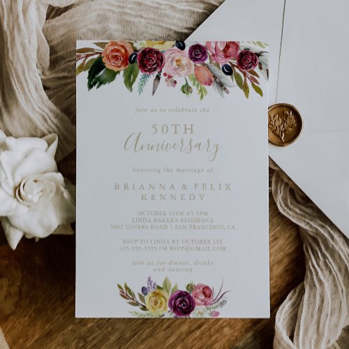 Gold Feather Boho Floral 50th Wedding Anniversary  Invitation