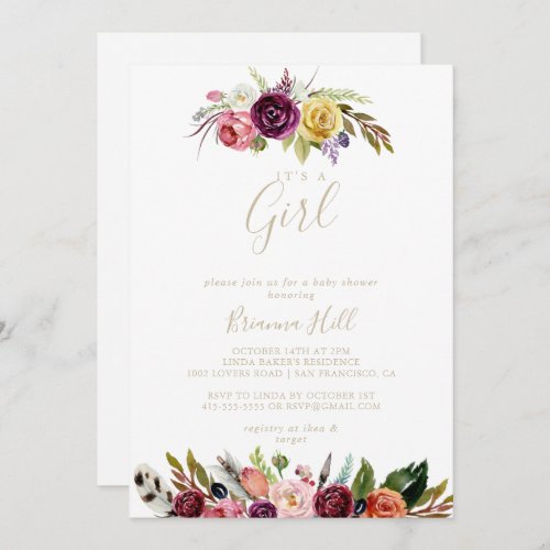 Gold Feather Boho Floral Its A Girl Baby Shower  Invitation