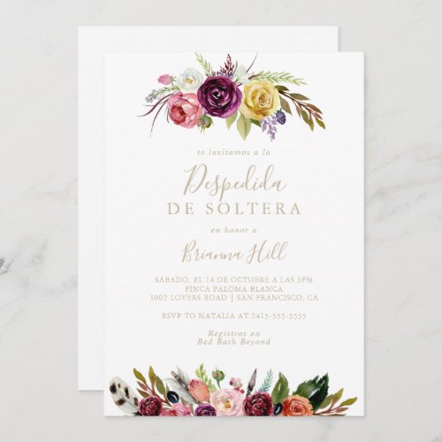 Gold Feather Boho Floral Spanish Bridal Shower   Invitation