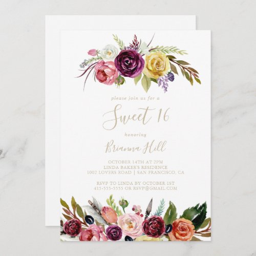 Gold Feather Boho Floral Sweet 16 Birthday Party  Invitation