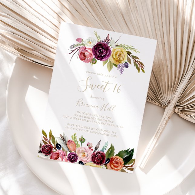 Gold Feather Boho Floral Sweet 16 Birthday Party  Invitation (Creator Uploaded)