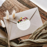 Gold Feather Boho Floral Thank You Wedding Favor   Classic Round Sticker<br><div class="desc">This gold feather boho floral minimalist thank you wedding favor classic round sticker is perfect for a rustic wedding. The design features hand-painted brown wild feathers, boho yellow, white, purple, pink, blush, burgundy flowers and blue berries neatly arranged into beautiful bouquets. Make the sticker labels your own by including your...</div>
