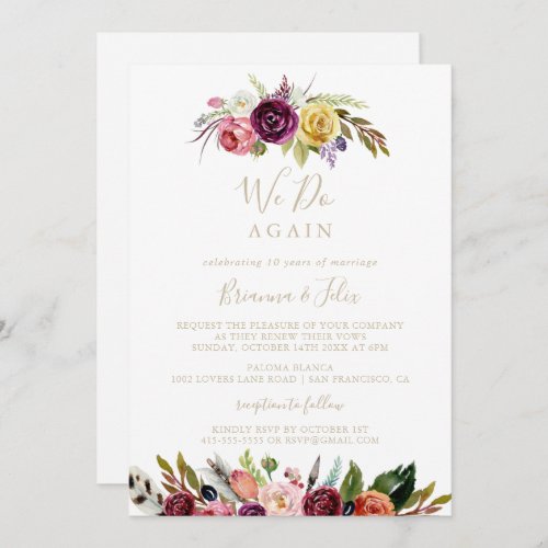 Gold Feather Boho Floral We Do Again Vow Renewal   Invitation