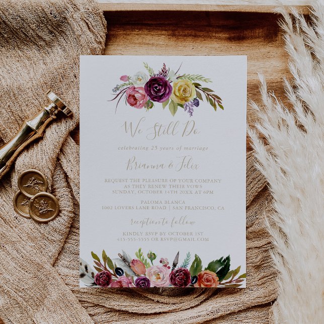 Gold Feather Boho Floral We Still Do Vow Renewal  Invitation (Creator Uploaded)