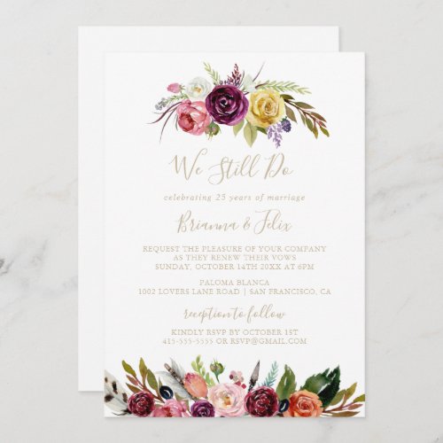 Gold Feather Boho Floral We Still Do Vow Renewal  Invitation