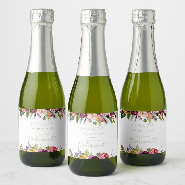 Gold Feather Boho Tropical Bridesmaid Proposal  Sparkling Wine Label (Bottles)