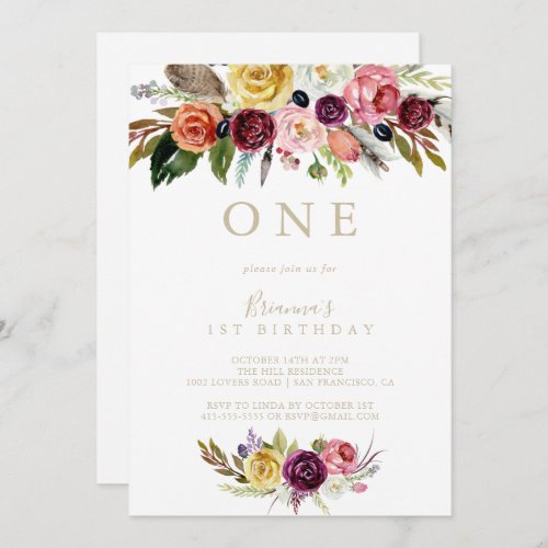 Gold Feather Boho Tropical First Birthday Party  Invitation