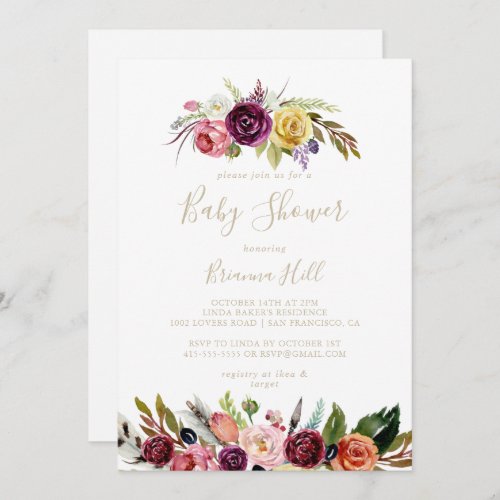 Gold Feather Boho Tropical Floral Baby Shower  Invitation
