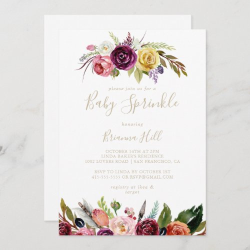 Gold Feather Boho Tropical Floral Baby Sprinkle  Invitation