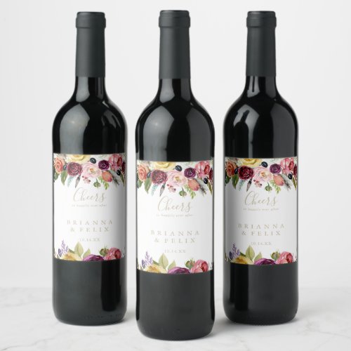 Gold Feather Boho Tropical Floral Cheers Wedding  Wine Label