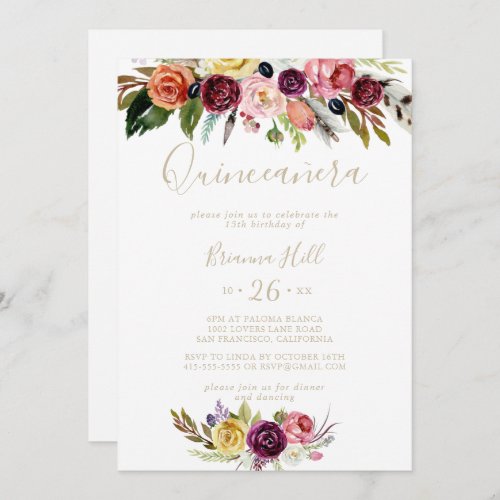 Gold Feather Boho Tropical Floral Quinceaera  Invitation