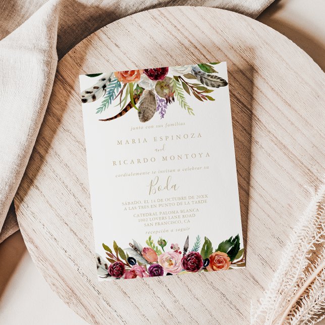 Gold Feather Boho Tropical Floral Spanish Wedding  Invitation (Creator Uploaded)