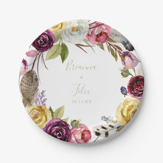 Gold Feather Boho Tropical Floral Wedding Cake Paper Plates (Front)