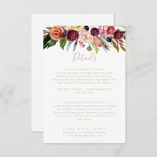 Gold Feather Boho Tropical Floral Wedding Details  Enclosure Card