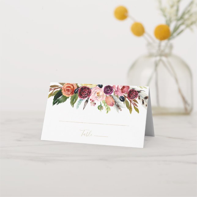 Gold Feather Boho Tropical Floral Wedding  Place Card (Front)