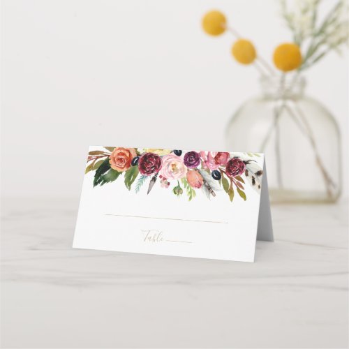 Gold Feather Boho Tropical Floral Wedding  Place Card