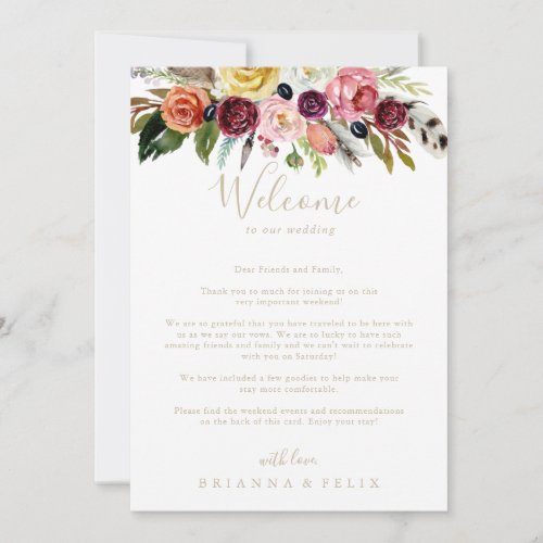 Gold Feather Boho Tropical Wedding Welcome Letter